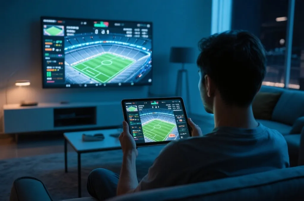 User interacting with a high-tech sports app showing 3D stadium layout and real-time statistics